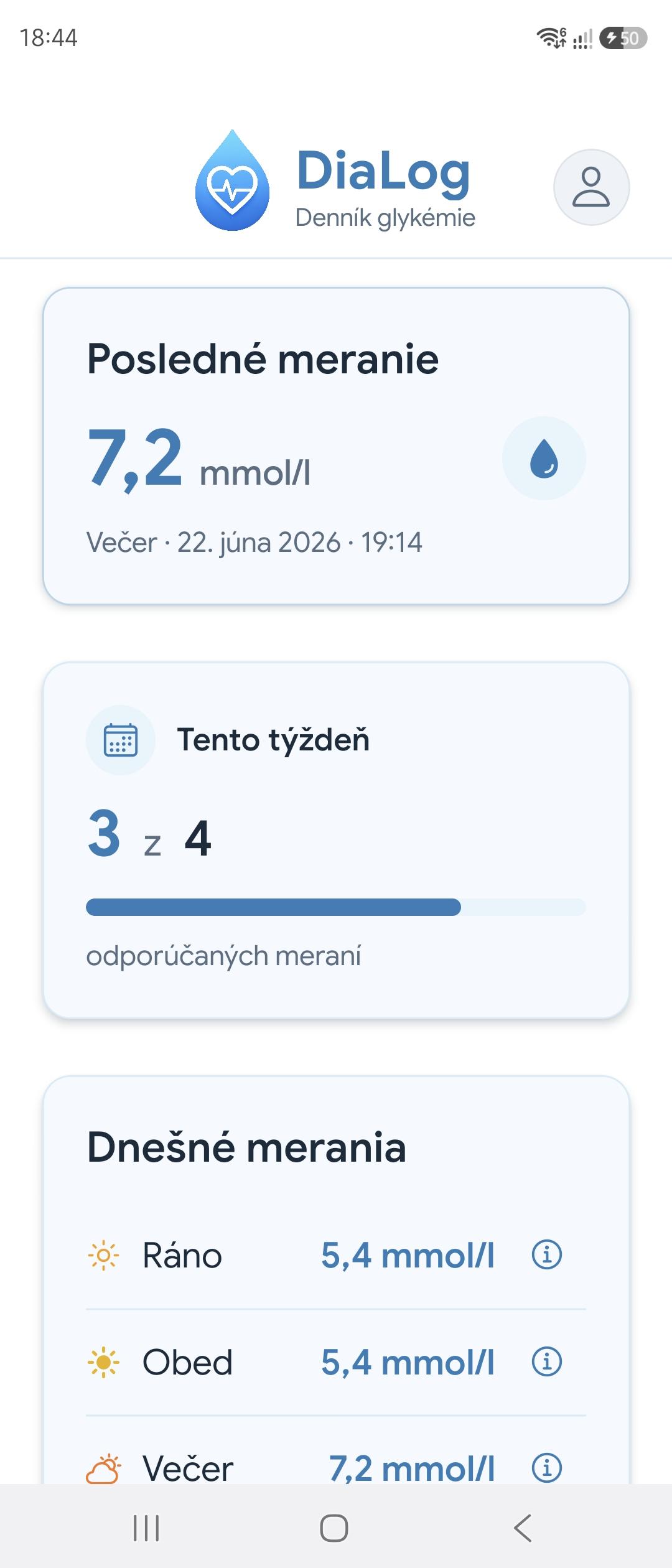 Domovská obrazovka DiaLog — posledné meranie a dnešné sloty