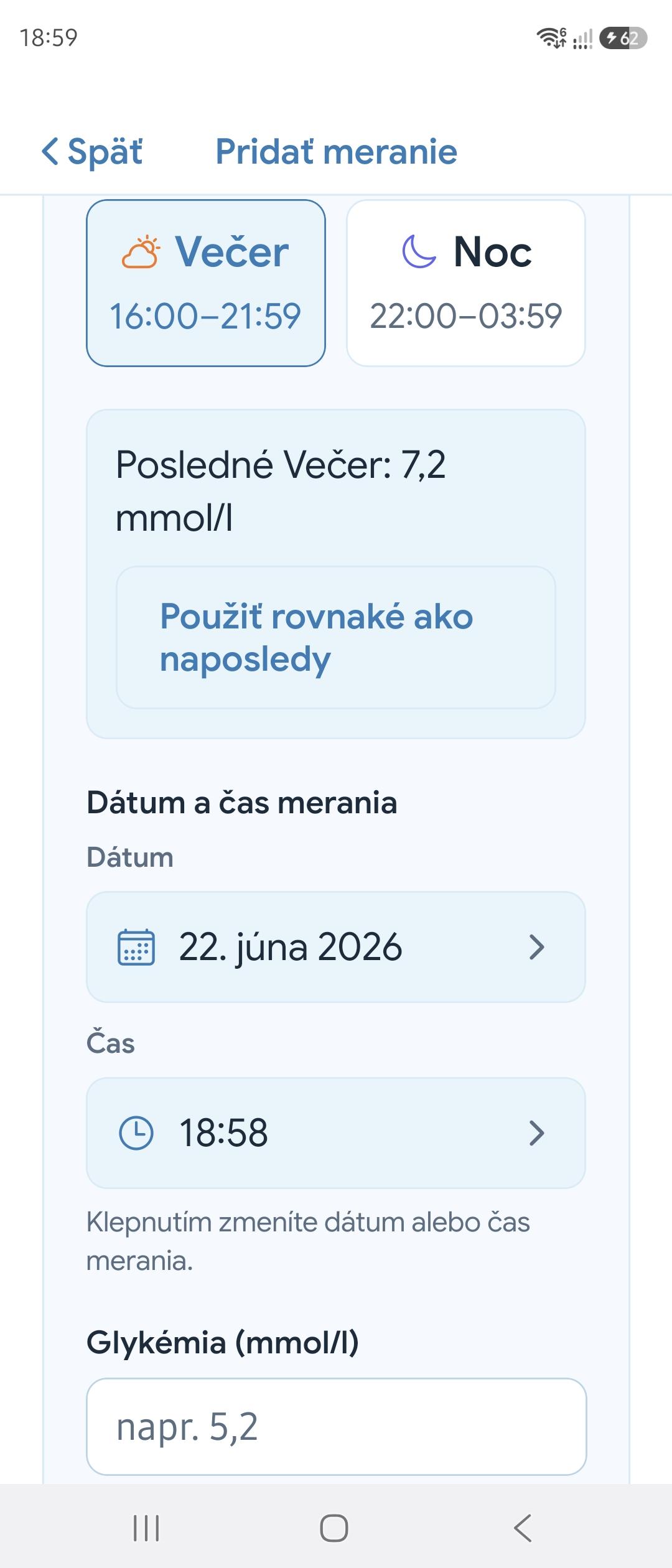 Formulár na pridanie merania glykémie